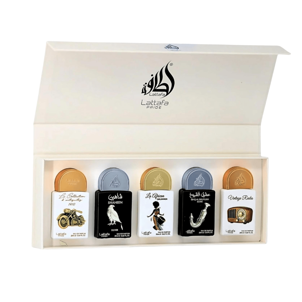 Lattafa Unisex Perfume Lattafa Pride Collection No. 5 Eau de Parfum Unisex Fragrance Gift Set (5 x 20ml) (La Collection D'antiquites + Shahan Silver + La African Drummer + Ishq Al Shuyukh + Vintage Radio)