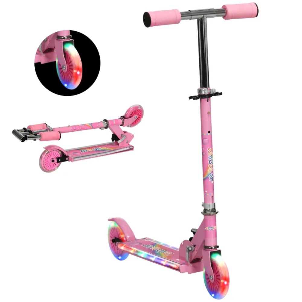 HOMCOM Kids Scooter, with Lights, Music, Adjustable Height, Foldable Frame, for Ages 3-7 Years Pink 371-047V00PK