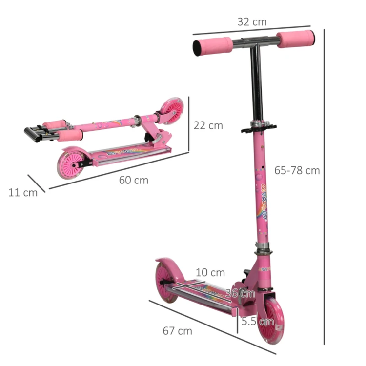 HOMCOM Kids Scooter, with Lights, Music, Adjustable Height, Foldable Frame, for Ages 3-7 Years Pink 371-047V00PK
