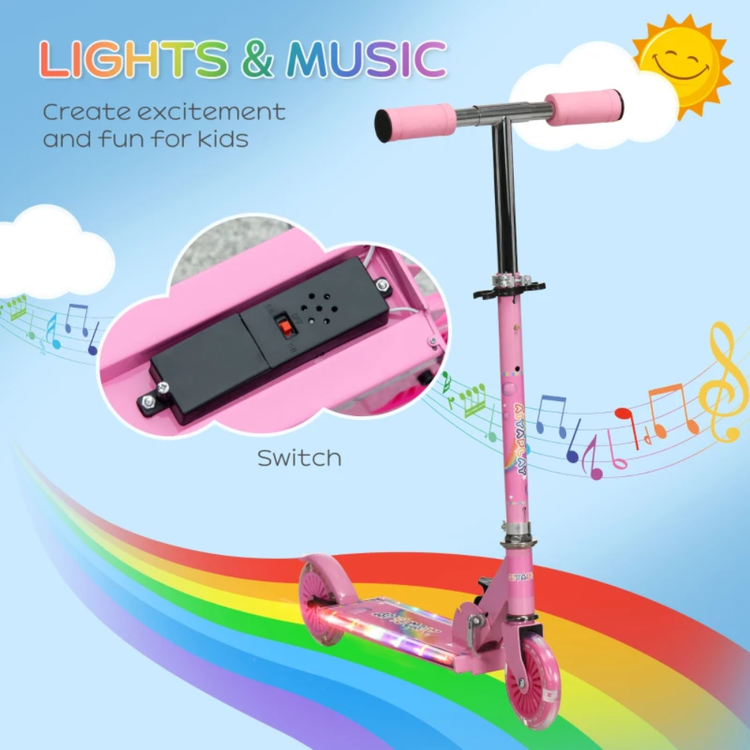 HOMCOM Kids Scooter, with Lights, Music, Adjustable Height, Foldable Frame, for Ages 3-7 Years Pink 371-047V00PK