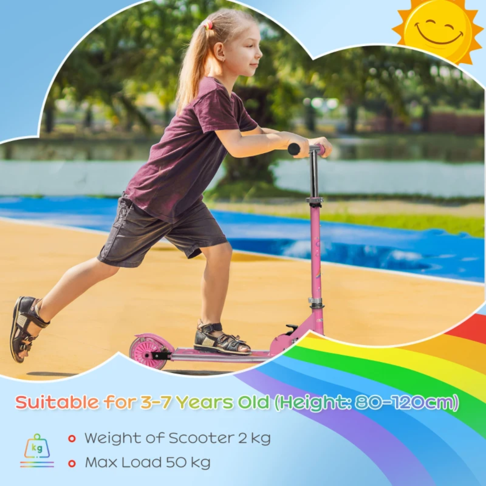HOMCOM Kids Scooter, with Lights, Music, Adjustable Height, Foldable Frame, for Ages 3-7 Years Pink 371-047V00PK
