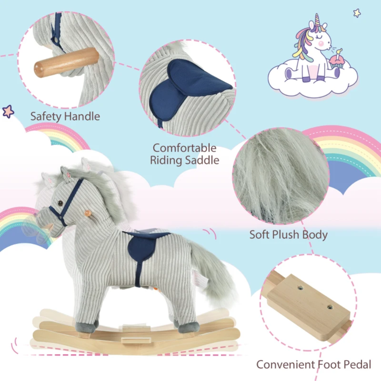 HOMCOM Kids Plush Rocking Horse with Sound Rocker Ride On Toy Gift 3-6 Years Grey 330-105