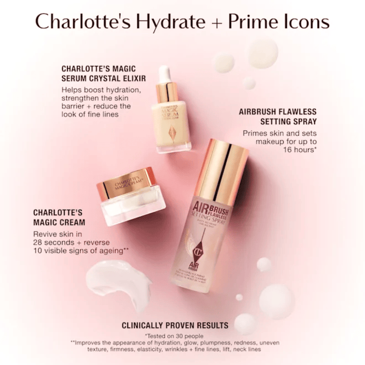 Charlotte Tilbury Skin Care Charlotte Tilbury Immediate Skin Revival + Flawless Base Kit Skincare Gift Set ( Magic Serum 10ml + Magic Cream 15ml + Setting Spray 34ml)