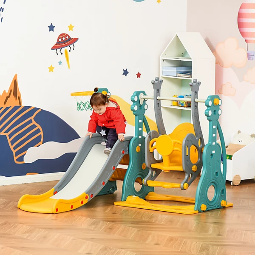 HOMCOM Toy HOMCOM 3 in 1 Kids Swing and Slide Set Activity Centre with Basketball Hoop - 331-015