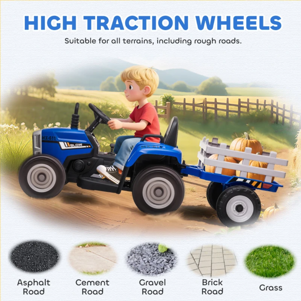 HOMCOM Toy HOMCOM Battery Ride On Tractor With Trailer Blue - 370-281V70BU