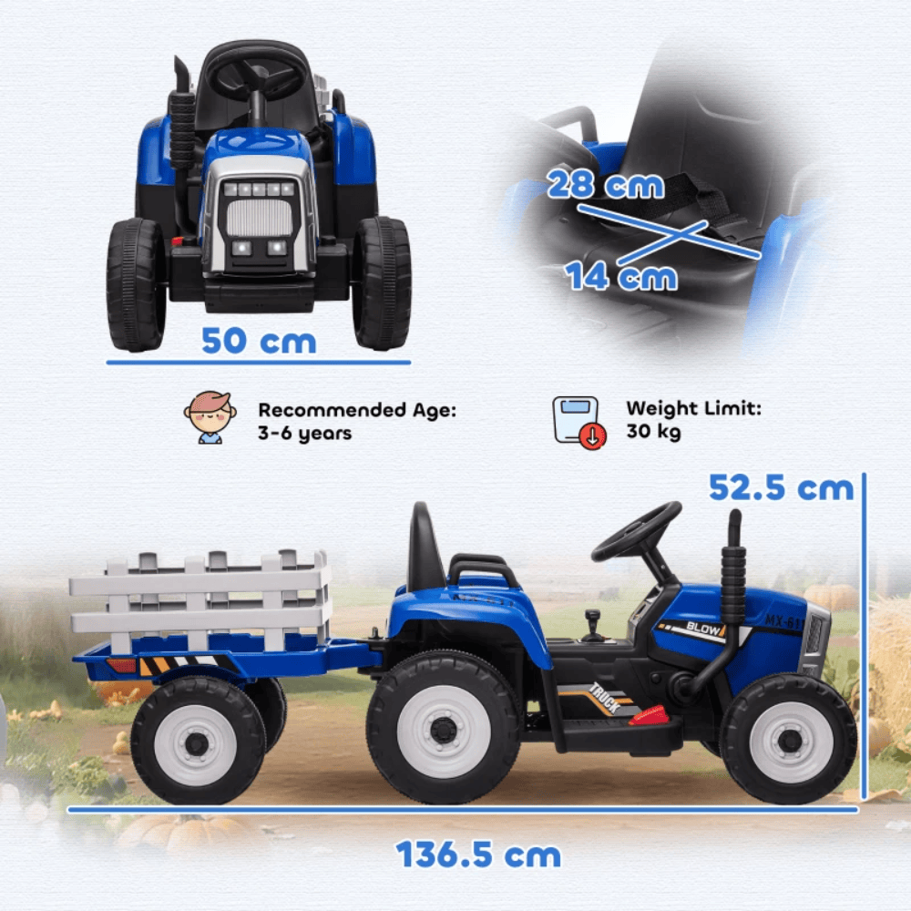 HOMCOM Toy HOMCOM Battery Ride On Tractor With Trailer Blue - 370-281V70BU