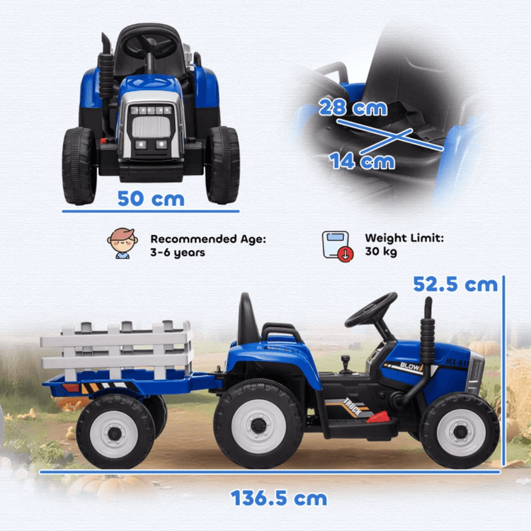 HOMCOM Toy HOMCOM Battery Ride On Tractor With Trailer Blue - 370-281V70BU