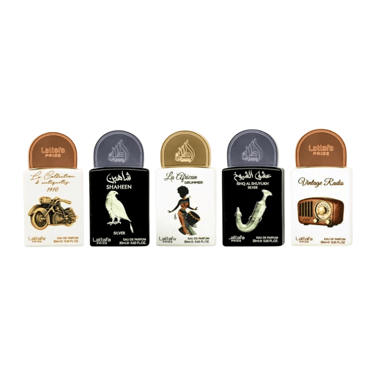 Lattafa Unisex Perfume Lattafa Pride Collection No. 5 Eau de Parfum Unisex Fragrance Gift Set (5 x 20ml) (La Collection D'antiquites + Shahan Silver + La African Drummer + Ishq Al Shuyukh + Vintage Radio)