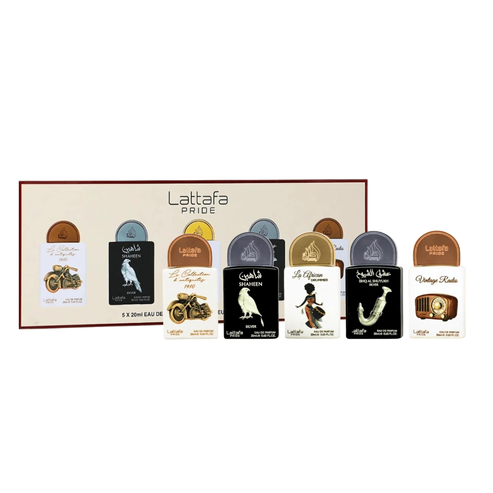 Lattafa Unisex Perfume Lattafa Pride Collection No. 5 Eau de Parfum Unisex Fragrance Gift Set (5 x 20ml) (La Collection D'antiquites + Shahan Silver + La African Drummer + Ishq Al Shuyukh + Vintage Radio)