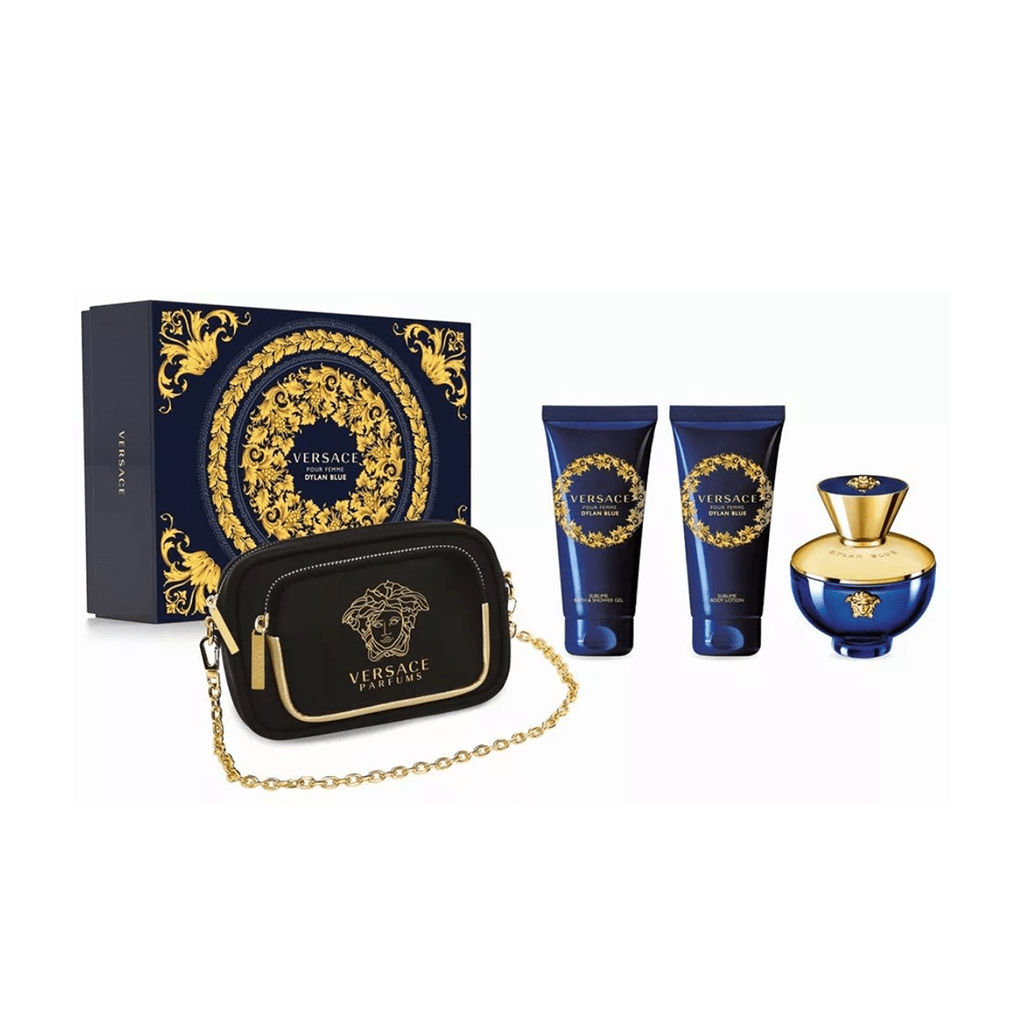 Versace Women's Perfume Versace Dylan Blue Femme Eau de Parfum Perfume Gift Set Spray (100ml) with Shower Gel, Body Lotion and Purse
